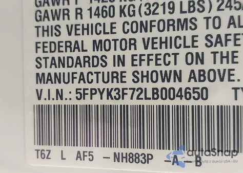 2020 Honda Ridgeline Rtl-E z USA, uszkodzony, nr VIN 5FPYK3F72LB004650